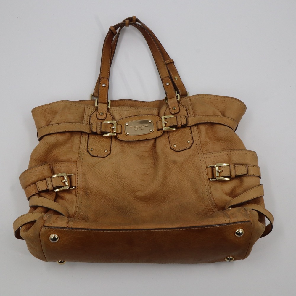 Michael‎ Kors Tote Bag Large Tan Leather Python Embossed Gold Buckle Satchel